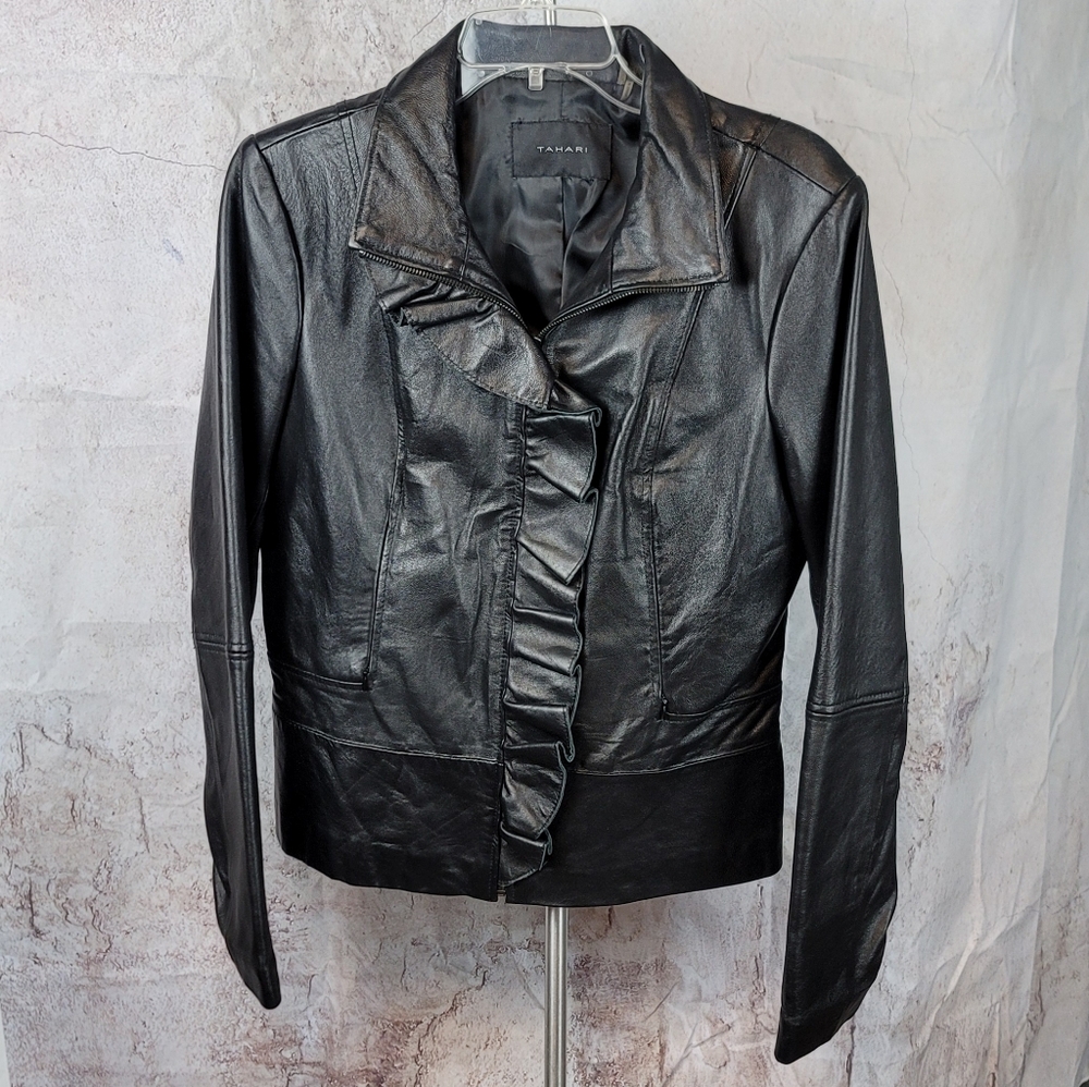 Tahari Leather Ruffle Jacket